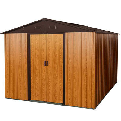 Coffee 8Ft X 10Ft Outdoor Metal Shed With Robust Foundation - Galvanized Steel Build, Punched Vents For Circulation, Padlockable Sliding Door, Simple Assembly Handbook Storage In Ventilated Vents,