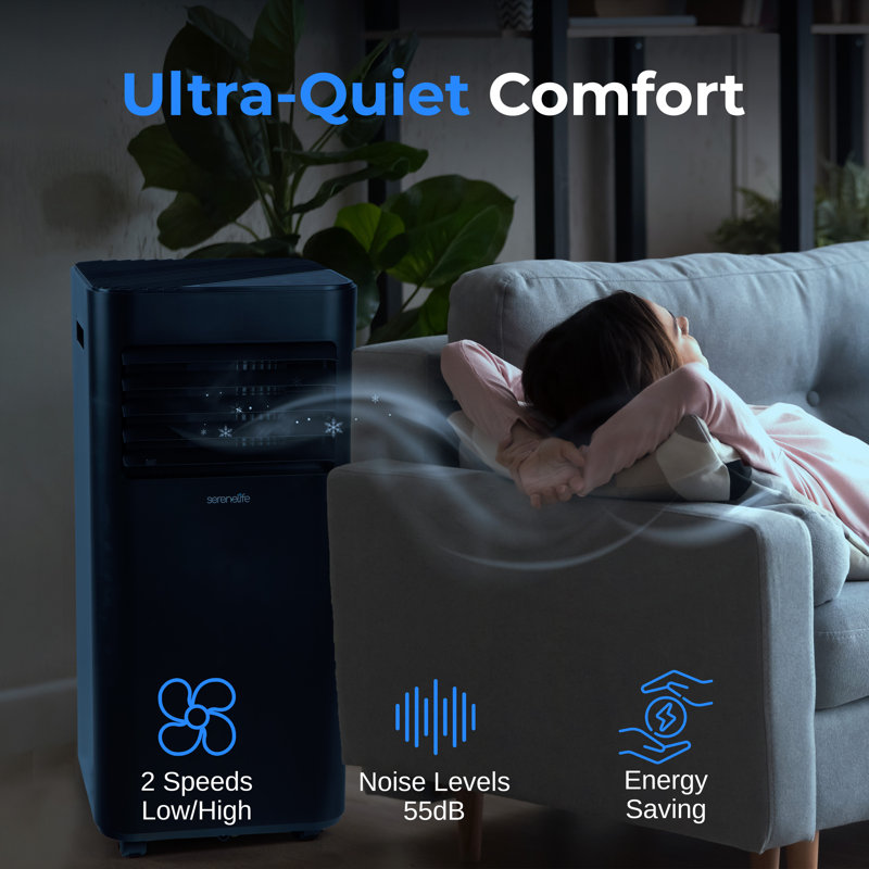 Climatiseur compact portatif Serenelife SLPAC19B 10 000 BTU-3-en-1 pour une pièce jusqu'à 320 Pi. - Unité CA à plancher avec télécommande - Roulettes universelles, ensemble de fixation de fenêtre, noir