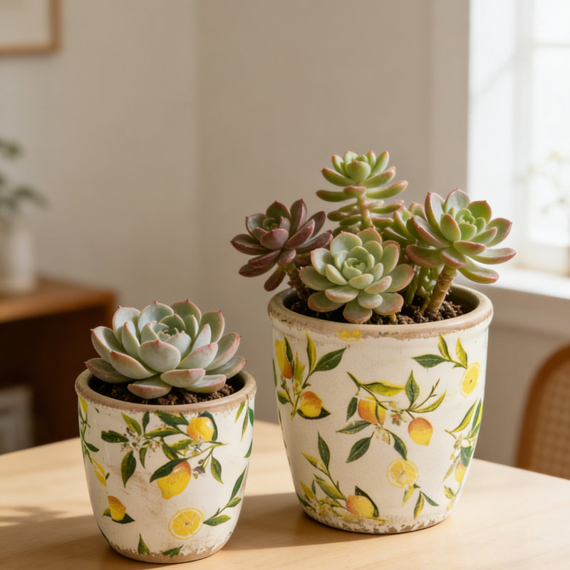 S/2 Matching Ceramic Planters With Lemon Motif