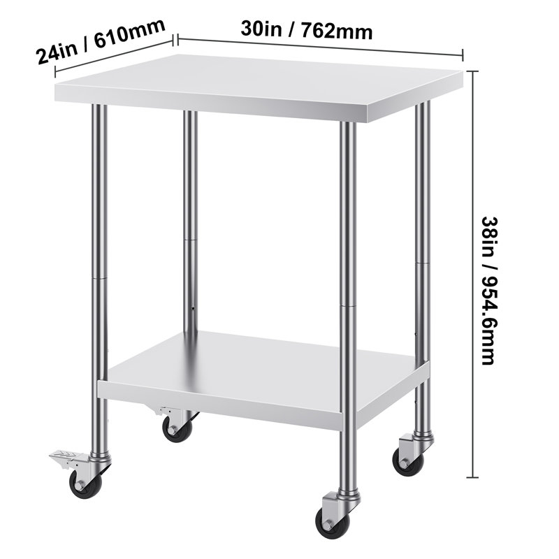 Stainless Steel Work Table 24 x 30 x 38 Inch, with 4 Wheels, 3 Adjustable Height Levels