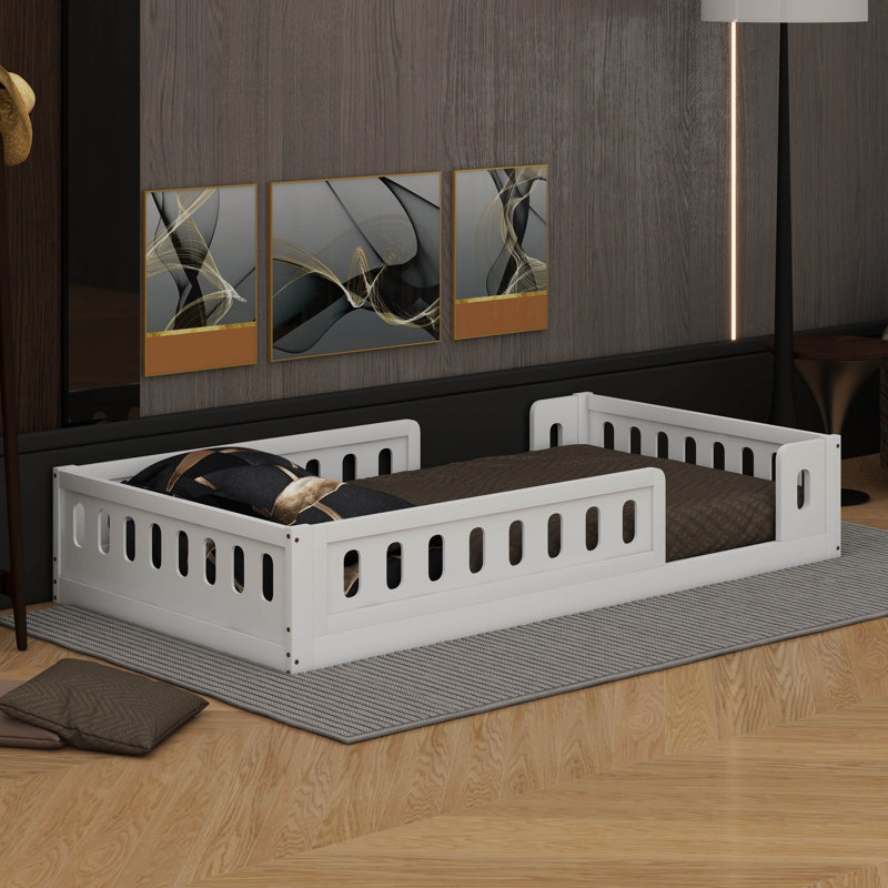 Lit plateforme en bois avec garde-corps, Blanc