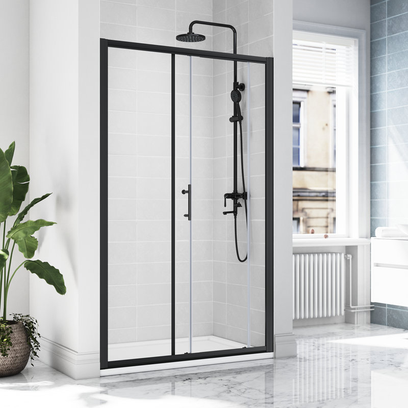 185*140*0.6cm, Safe and Easy-To-Clean Sliding Shower Enclosure with Side Panels, Black