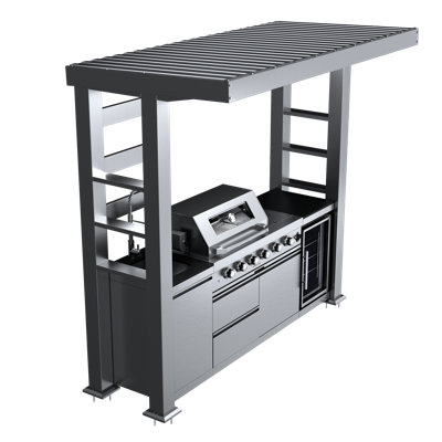 97-Inch 4-Burner 72000 BTU Deluxe Stainless Steel Gas Outdoor Kitchen Bar Barbecue Island Grill  + Wine Cooler Compact Refrigerator + Rotisserie + Granite Countertops + Storage Cabinets & Drawers