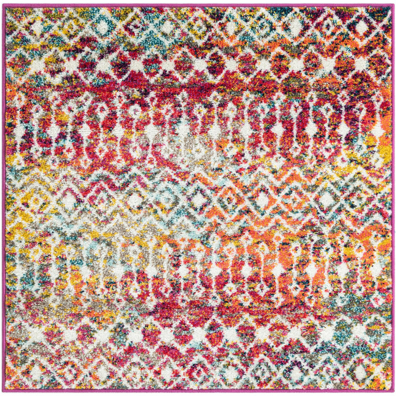 Tapis en chenille / polyester tissé à la machine à motif géométrique rose / jaune / blanc Briehn, Carré 3 pi 3 po