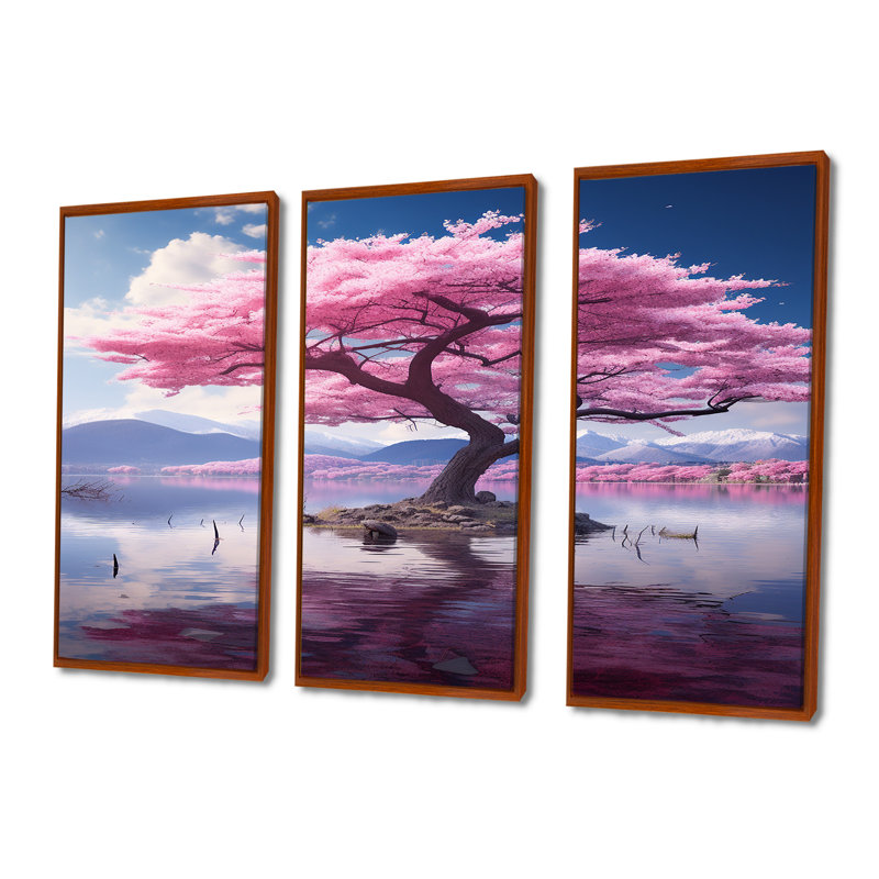 Fleur de cerisier majestueux dans un lac de montagne - Ensemble d'art mural cerisier en fleurs, H 40 po x l 60 po x P 1 po