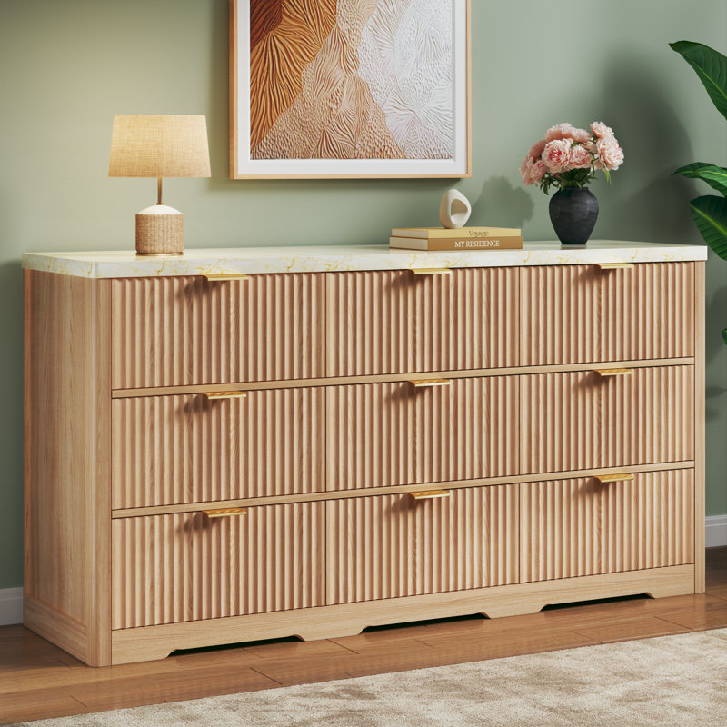 Commode 9 tiroirs cannelée, grande commode en bois