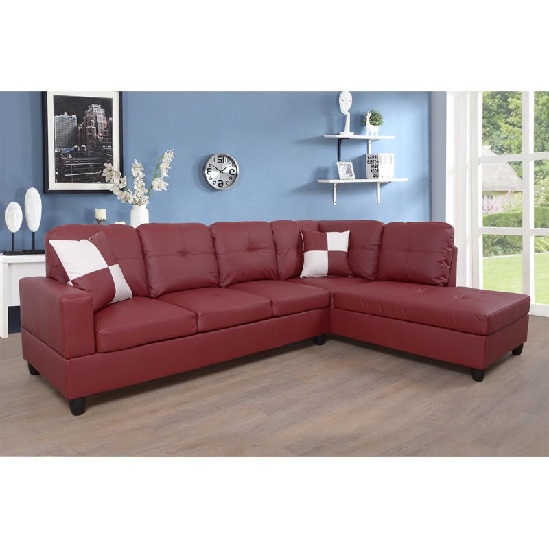 Bawan Faux Leather L-Shaped Sectional, Right Hand Facing, Red Faux Leather
