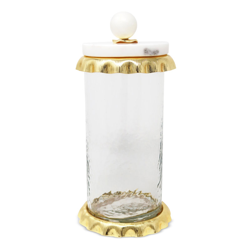 Pot en verre martelé avec volants doublés et couvercle en marbre, H 11,25 po x l 4 po x P 4 po