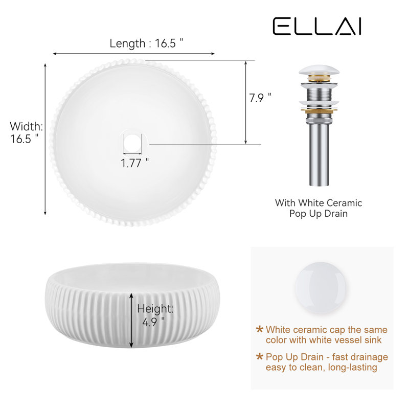 Lavabo vasque de salle de bain rond 16,2 po ELLAI, Blanc