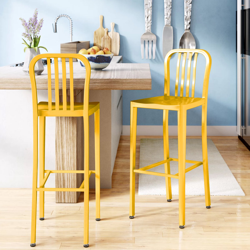 Tabouret de bar d'intérieur et d'extérieur de qualité commerciale avec dossier à lattes verticales, Jaune