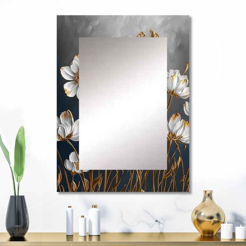 Cornflowers In White And Gold Tones III - Cornflowers Mirror, Traditional Decorative Wall Mirror, Printed Metal Art