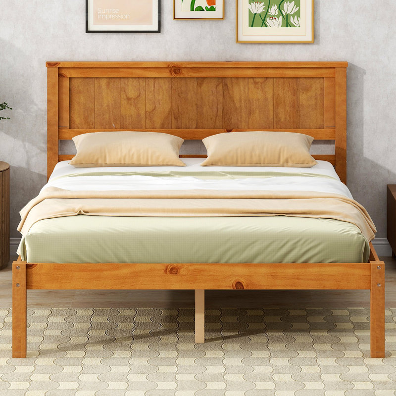 Base de lit plateforme avec support de lattes en bois de tête de lit sans sommier, Lit double, Chêne