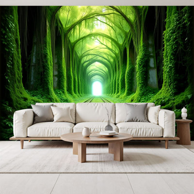 Peel and Stick Wallpaper Forest Tunnel Green Trees Railway Tracks Wall Murals 69"H x 96"W Removable PVC Wall Paper Self-Adhesive Wall Decor for Bedroom Living Room Home Office