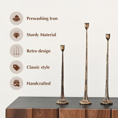 Set Of 3 Iron Antique Gold Candlestick Holders