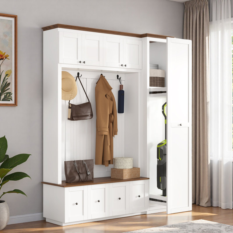 5-in-1 Hall Tree With Bench, Coat Rack, Drawers, Cabinets And Extra-large Side Storage Space, White