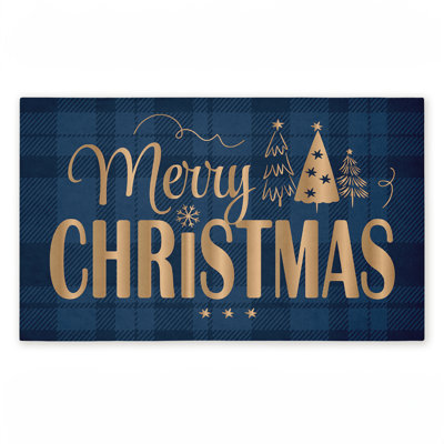 Tapis d'extérieur imprimé à carreaux bleu Merry Christmas, par Andrea Jasid Grassi, 18 po x 30 po