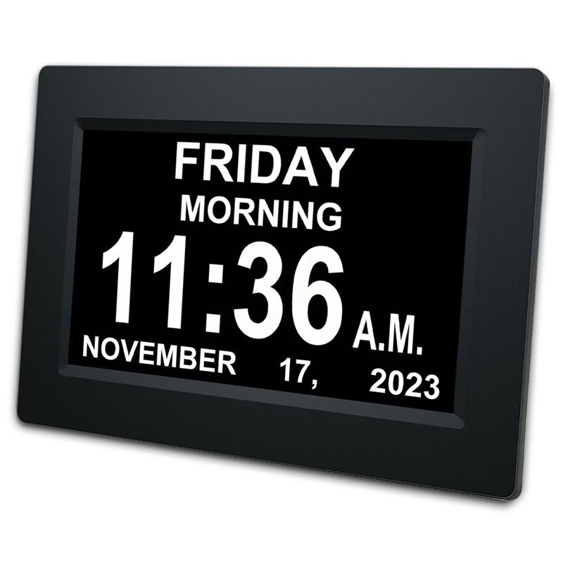 7-inch Calendar Clock with 12 Alarms, Auto Dimmable Display, Large Vision Impaired Digital Clock, Black