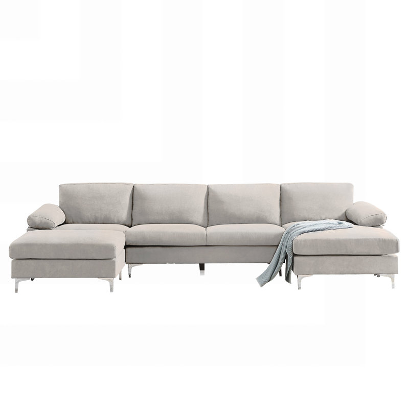 Upholstered U-Shaped Sectional Symmetrical, Light Gray Polyester Blend