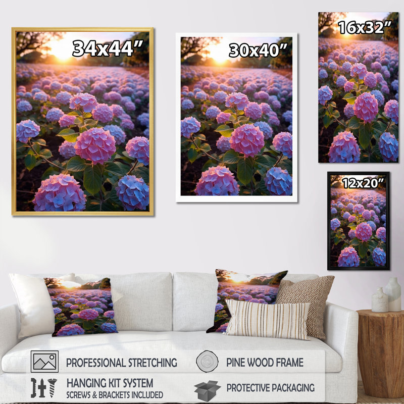 Fleurs d'hortensia mauves et bleues sur toile, H 44 po x l 34 po x P 1,5 po, Cadre naturel flottant
