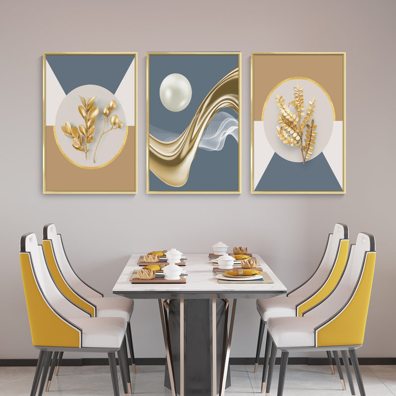 Luxueux aluminium encadré, ensemble de 3 reproductions d'art encadrées sur toile, H 16,3 po x l 36,3 po x P 1,65 po, Or