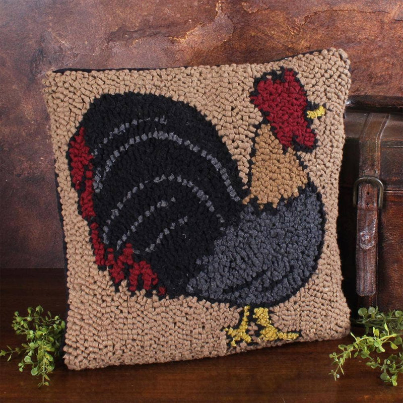 Rooster Hooked Pillow 14X14