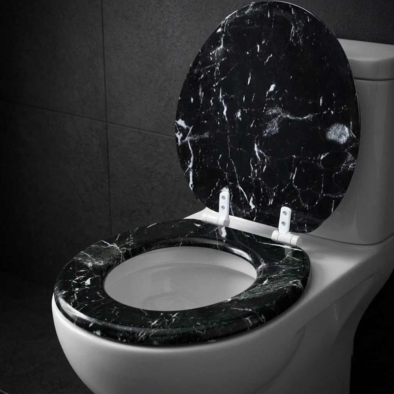 17" Marbleized Mdf Toilet Seat - Round Standard Size - Faux Marble Design Black, Black