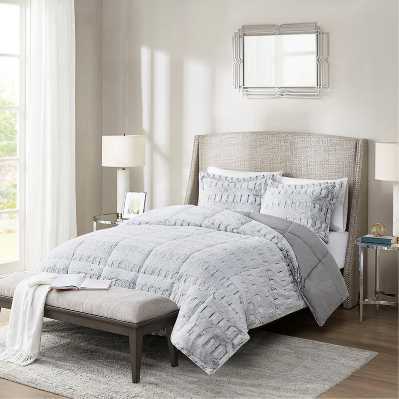 Édredon très grand / très élégant - Fausse fourrure chaude et grise, Édredon très grand + 2 taies décoratives, Gris