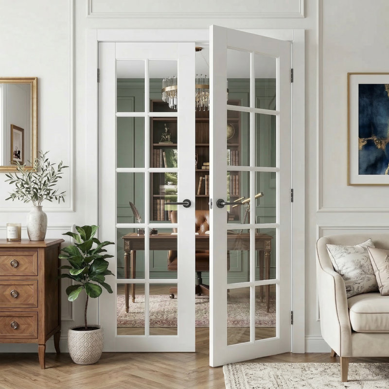 Portes en bois massif et en bois manufacturé à deux dalles transparentes en verre transparent sans cadre ni quincaillerie