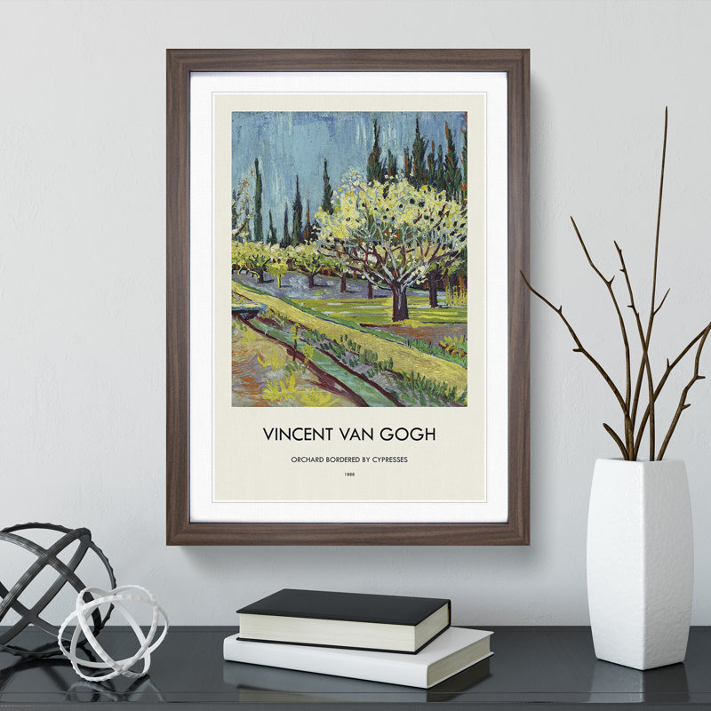 Orchard Bordered by Cypresses by Vincent Van Gogh - Picture Frame Painting, 36cm H x 27cm W x 2cm D, Walnut
