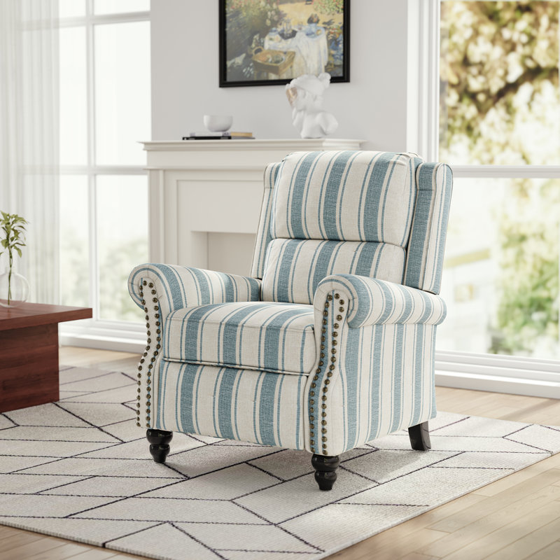 Ameiah Upholstered Farmhouse Blue Stripped Manual Push Back Recliner with Solid Wood Legs, Blue Stripe 