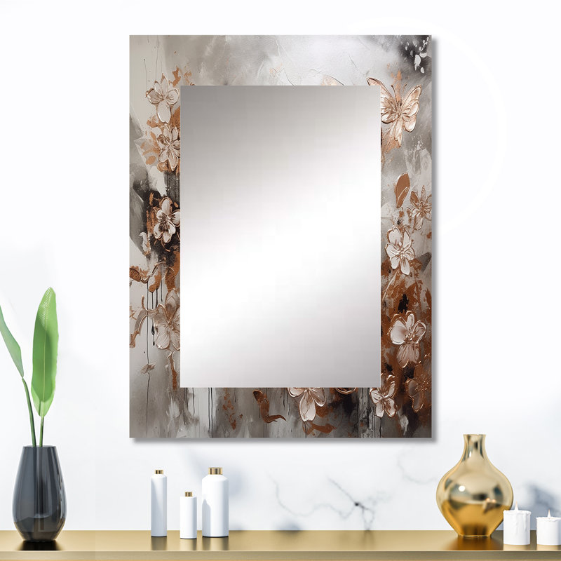 Or rose papillon ailes et fleurs I - miroir décoratif floral, miroir mural traditionnel, impression d'art en métal