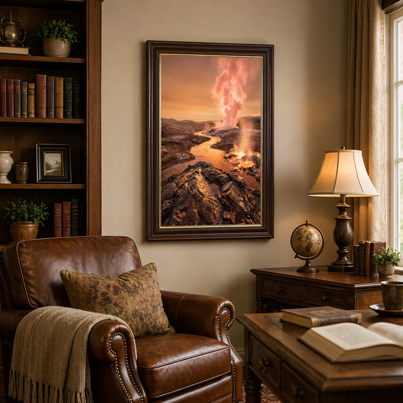 «Golden Geyser Eruption long Rocky River Valley», art mural, 18"H x 12"W