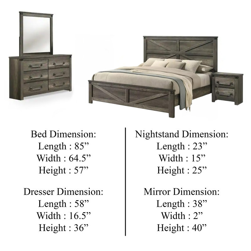 Ensemble de chambre à coucher complète pour grand lit 4 pièces Bry, gris rustique