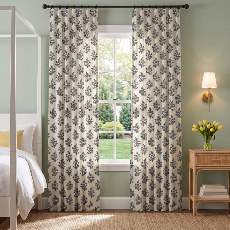 Nichols Floral Block Print Blackout Curtain, 33" W x 96" L, Beige