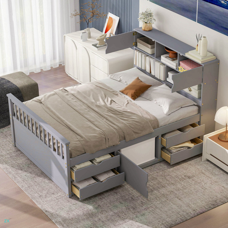 Full Size Captain Platform Bed Frame With Storage Bookcases And Shelves,Four Drawers