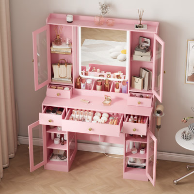 Vanity Desk with Lighted Mirror, RGB Glass Cabinet & Glass Top, White Makeup Dressing Table with 3 Drawers and 3 Color Modes for Bedroom