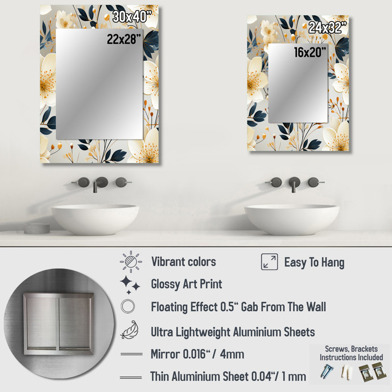 Chauntay Mystic Ivory Reverie Blooms Perfection - Floral Decorative Wall Mirror, Cottage Mirror, Printed Metal Art, 40" x 30"