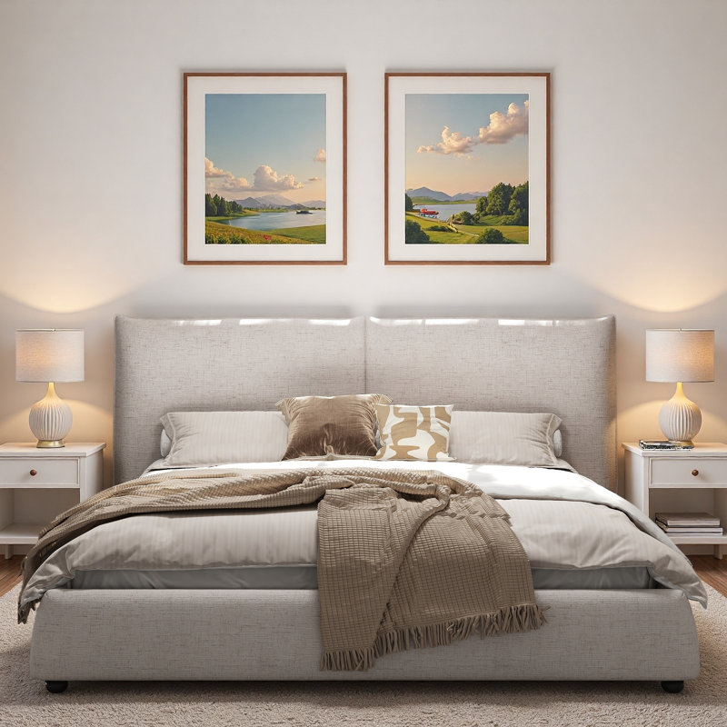 Lit plateforme tapissier avec tête de lit à dossier en tissu de lin, Très grand lit