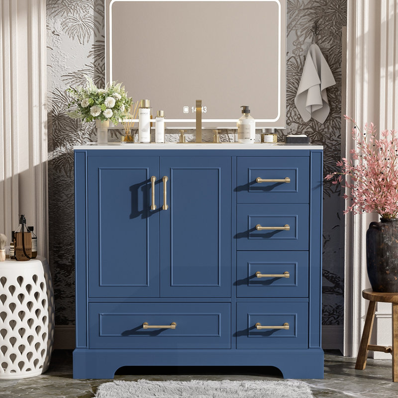 Meuble-lavabo traditionnel 36 "avec lavabo en céramique, Bleu