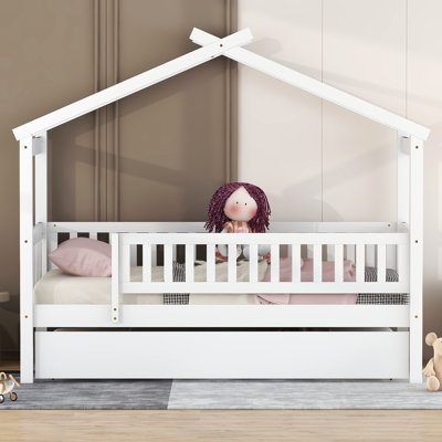 Lit simple blanc en bois avec lit gigogne, toit en ciel imaginatif, peu encombrant et fiable en blanc, avec bois de pin massif, 2 têtes de lit, convient pour 6 personnes et plus