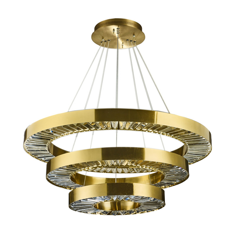 This Exquisite 3-Tier LED Chandelier Is In A Gold Finish. The Frame Is Made Out Of Metal, And It Comes With Clear Crystal Diffusers. The LED Bulbs Are Integrated Into The Frame. The Adjustable Cord Links Make This Fixture Suitable For Most Ceiling Heights