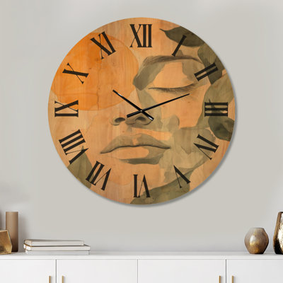 Horloge murale ronde en bois de style milieu du siècle - Visage serein et feuilles I