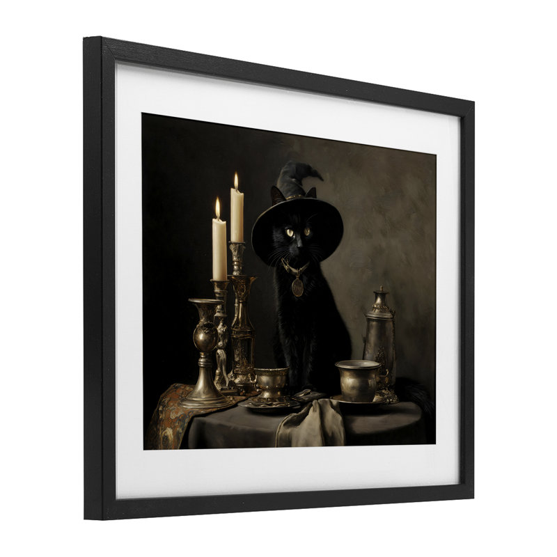 Reproduction sous verre rétro encadrée d'un chat noir Witchy, conception par Arlington Prints, H 13 po x l 16 po