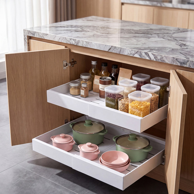 Organisateur d'armoire coulissant, paquet extensible de 2 pièces (tirer vers l'élargissement), tiroir coulissant robuste avec ruban adhésif, pour armoires de cuisine