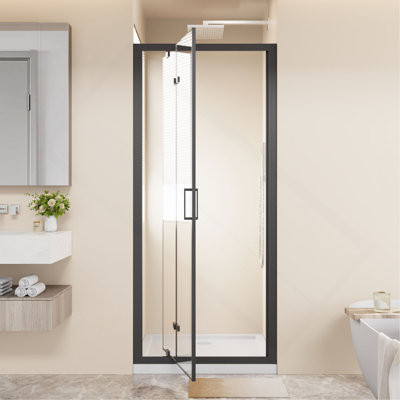 Cabine de douche pliante à cadre pivotante à double porte pliante, verre trempé transparent de 1/4 po avec poignée en acier inoxydable, installation réversible, noir