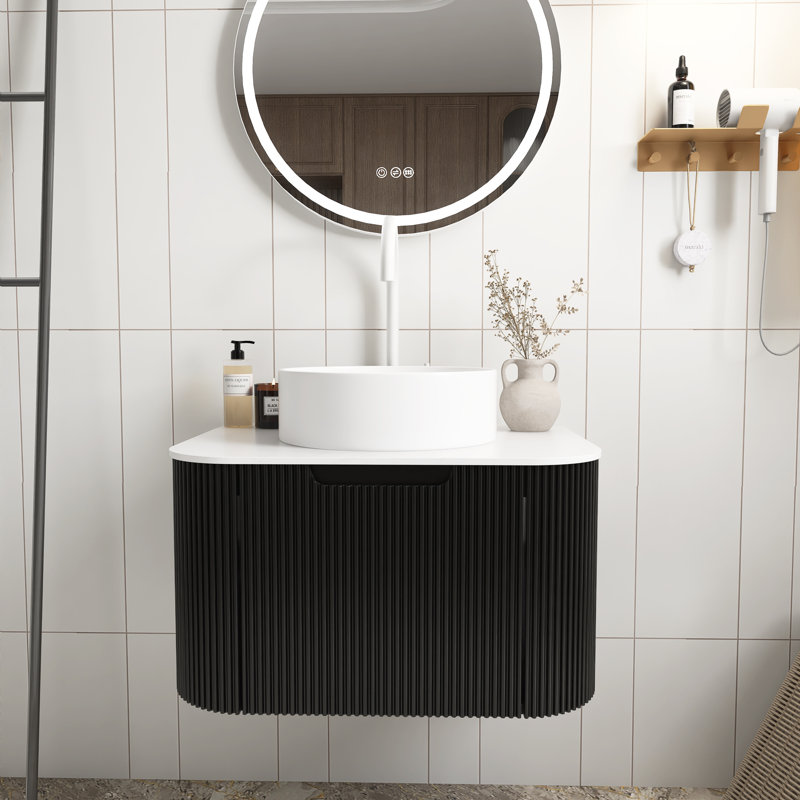 Meuble-lavabo mural avec plateau et tiroir, Noir, Blanc, 24"