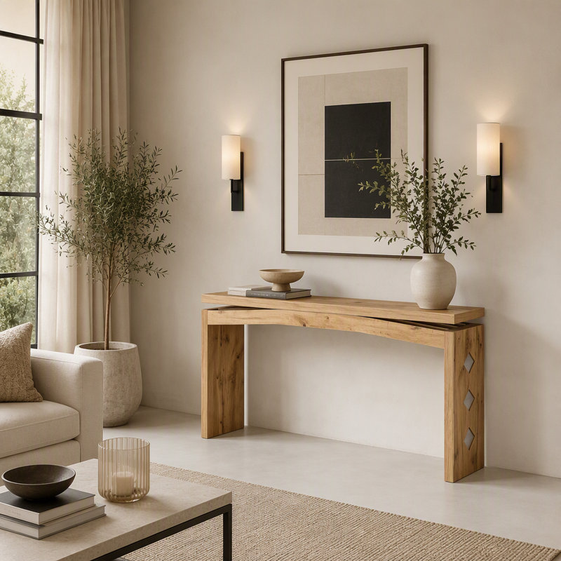 Console de 158 cm (62,2 po) en placage de bois avec incrustations en losange et plateau coulissant pour entrée, Bois naturel
