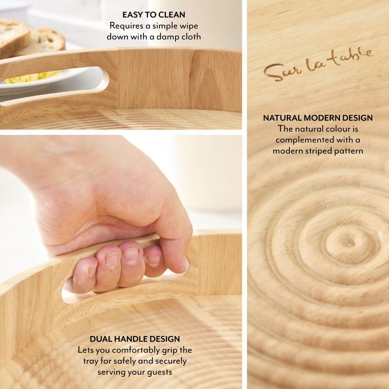 Sur La Table Large Round Serving Tray for Food and Drinks, Easy to Clean, Made from Hevea Wood with FSC Certified Materials, 35.6 x 35.6 x 6.4cm, Colour Me Happy, Natural Wood