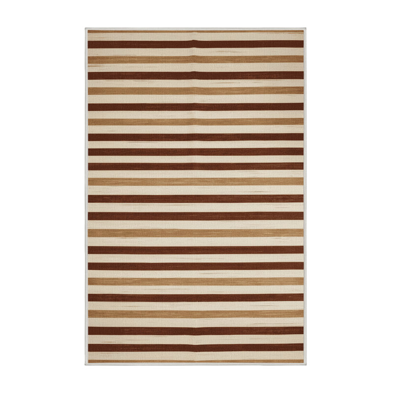 Tapis beige à rayures horizontales lavable à la machine, Rectangle 7 pi x 10 pi