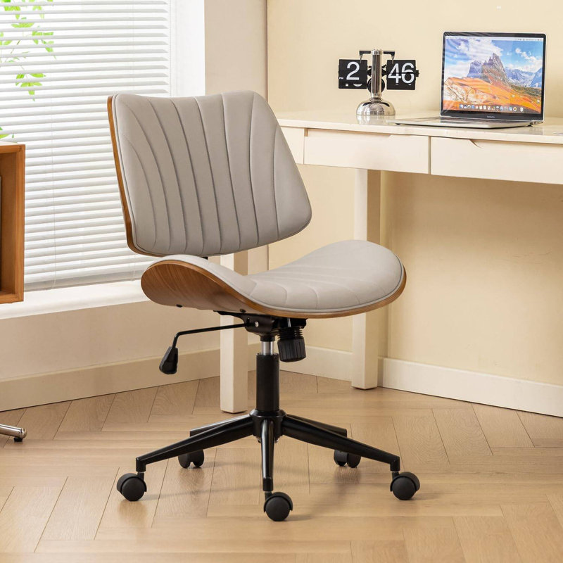 Chaise de bureau sans accoudoirs avec dossier en bois - Chaise pivotante moderne à hauteur réglable pour petits espaces - Gris